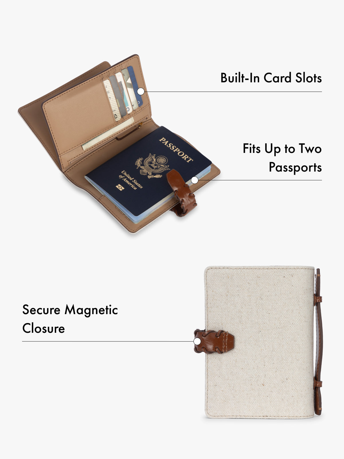 Passport holder with built-in card slots and secure magnetic closure features highlighted on a white background; CLPW2601-NATURAL-BROWN