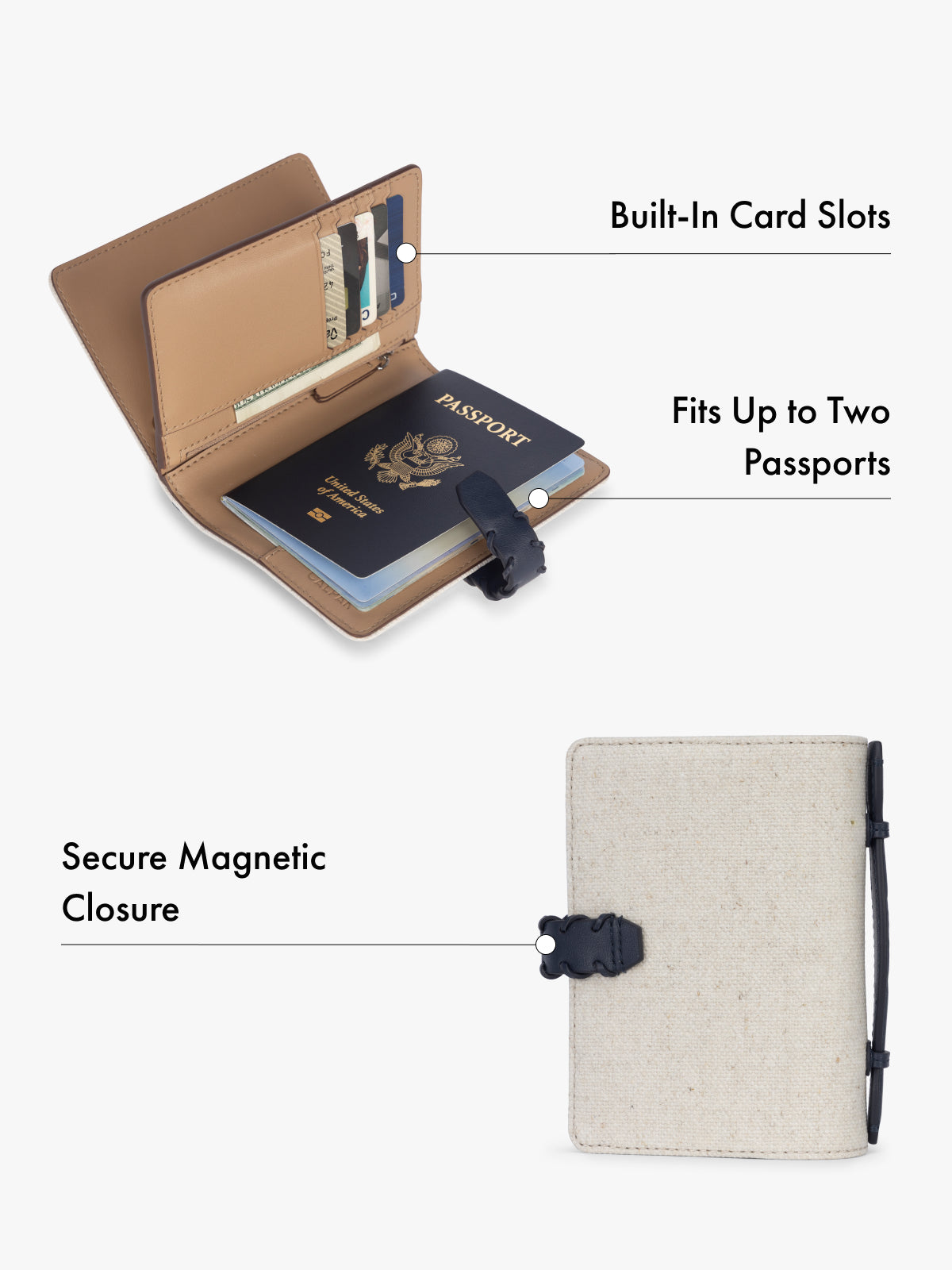 Passport holder with built-in card slots and secure magnetic closure features highlighted on a white background; CLPW2601-NATURAL-NAVY