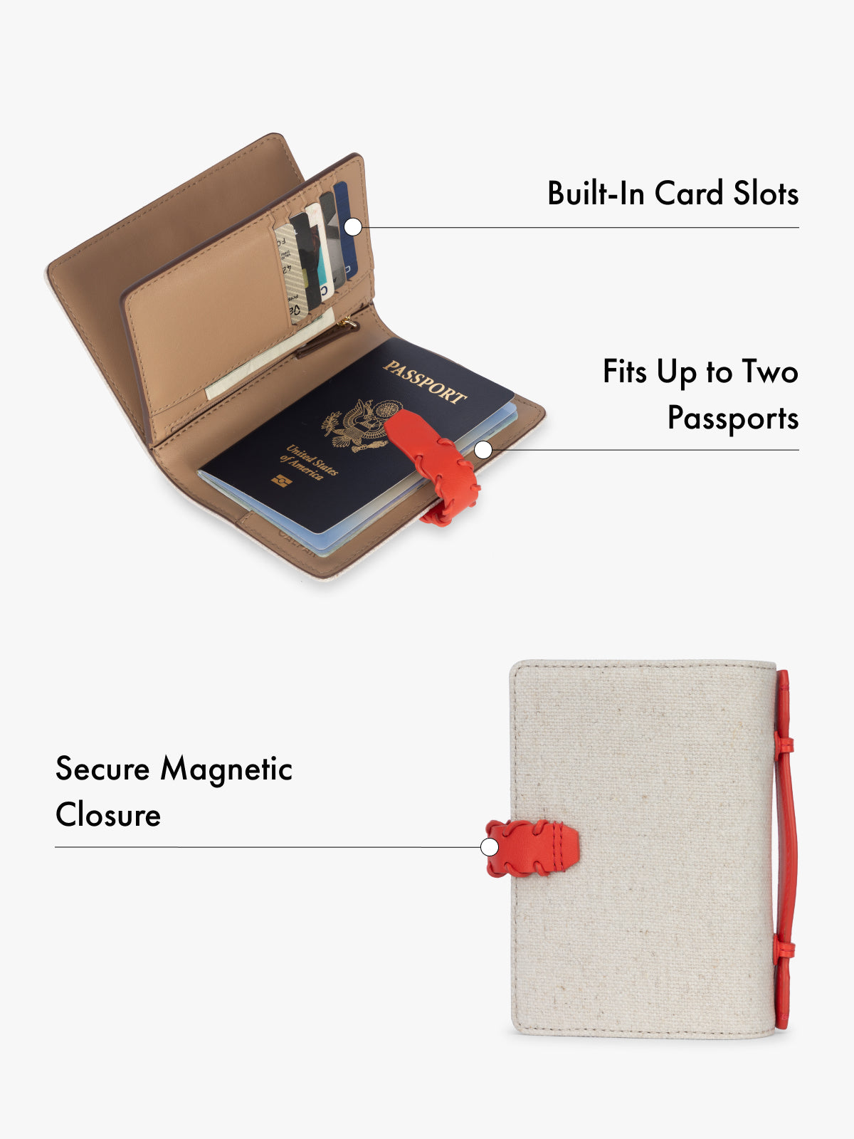 Passport holder with built-in card slots and secure magnetic closure features highlighted on a white background; CLPW2601-NATURAL-TOMATO