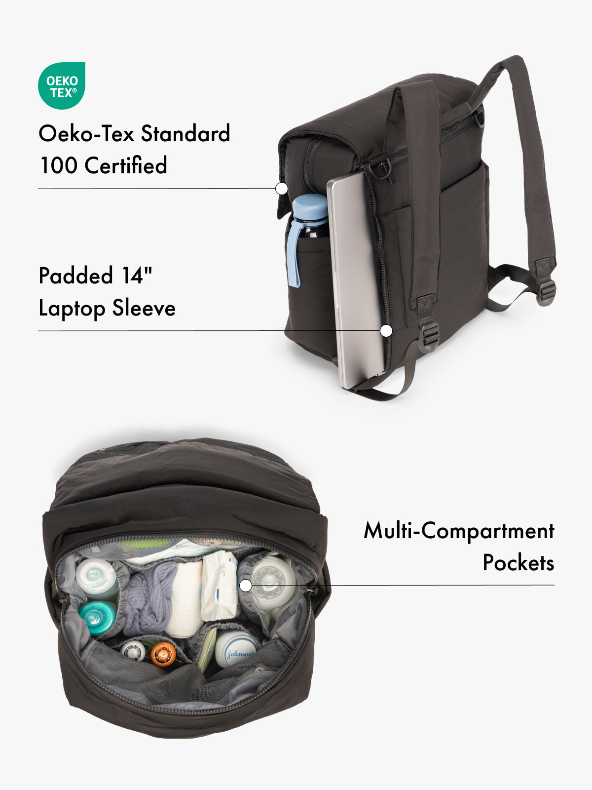CALPAK Black backpack with Oeko-Tex certification, 14" padded laptop sleeve, and multi-compartment pockets on a white background; BPB2401-BLACK