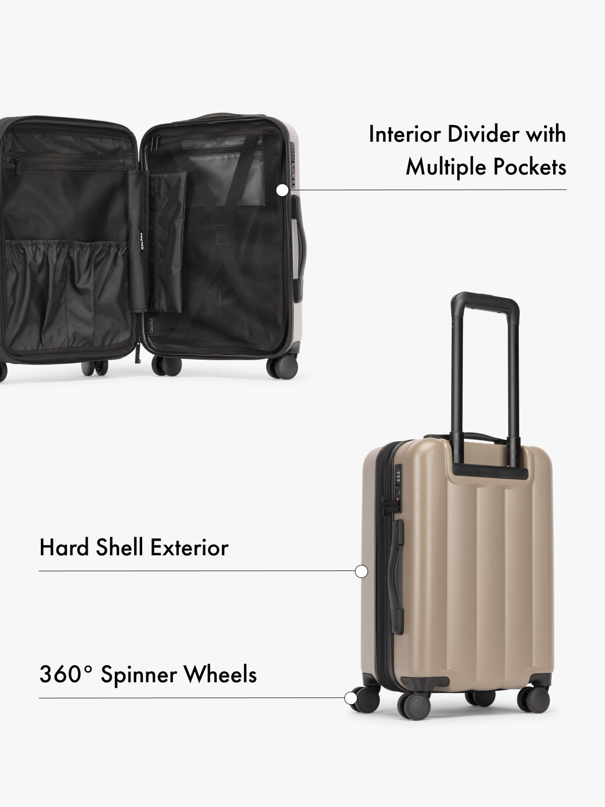 CALPAK hard shell carry-on luggage featuring 360 spinner wheels and interior divider pockets in chocolate; LCO1020-CHOCOLATE