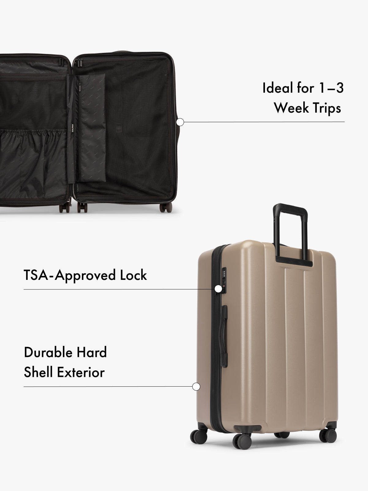 CALPAK hard shell luggage with 360 spinner wheels, TSA approved lock, and interior pockets for organization features highlighted on white background; LCO8000-CHOCOLATE 