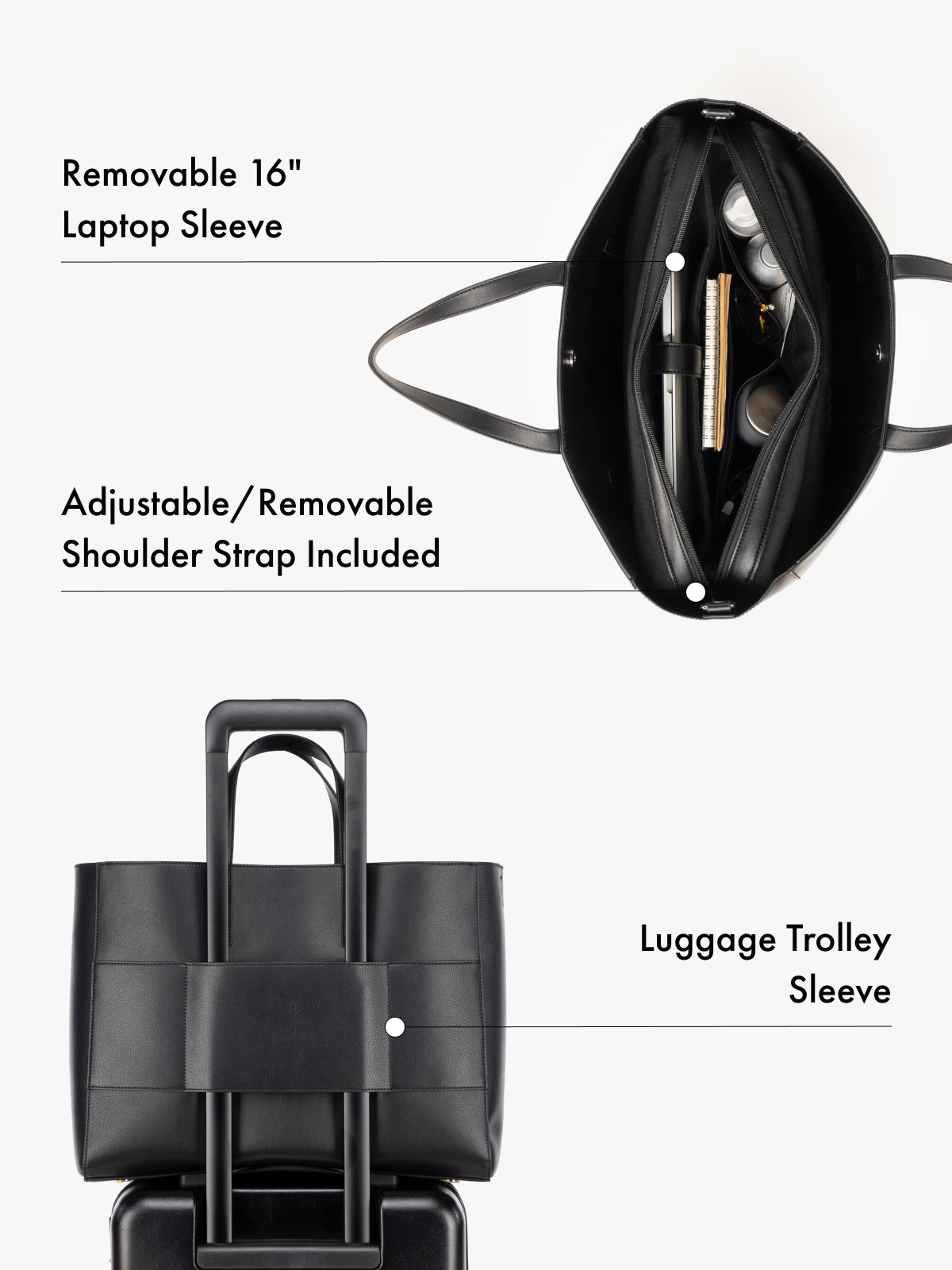 CALPAK Haven black tote bag with features highlighted including a removable 16" laptop sleeve, adjustable/removable shoulder strap, and luggage trolley sleeve for travel; ATO2102-BLACK