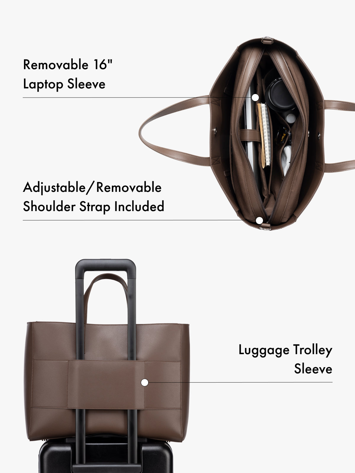 CALPAK Haven dark brown tote bag with features highlighted including a removable 16" laptop sleeve, adjustable/removable shoulder strap, and luggage trolley sleeve for travel; ATO2102-ESPRESSO