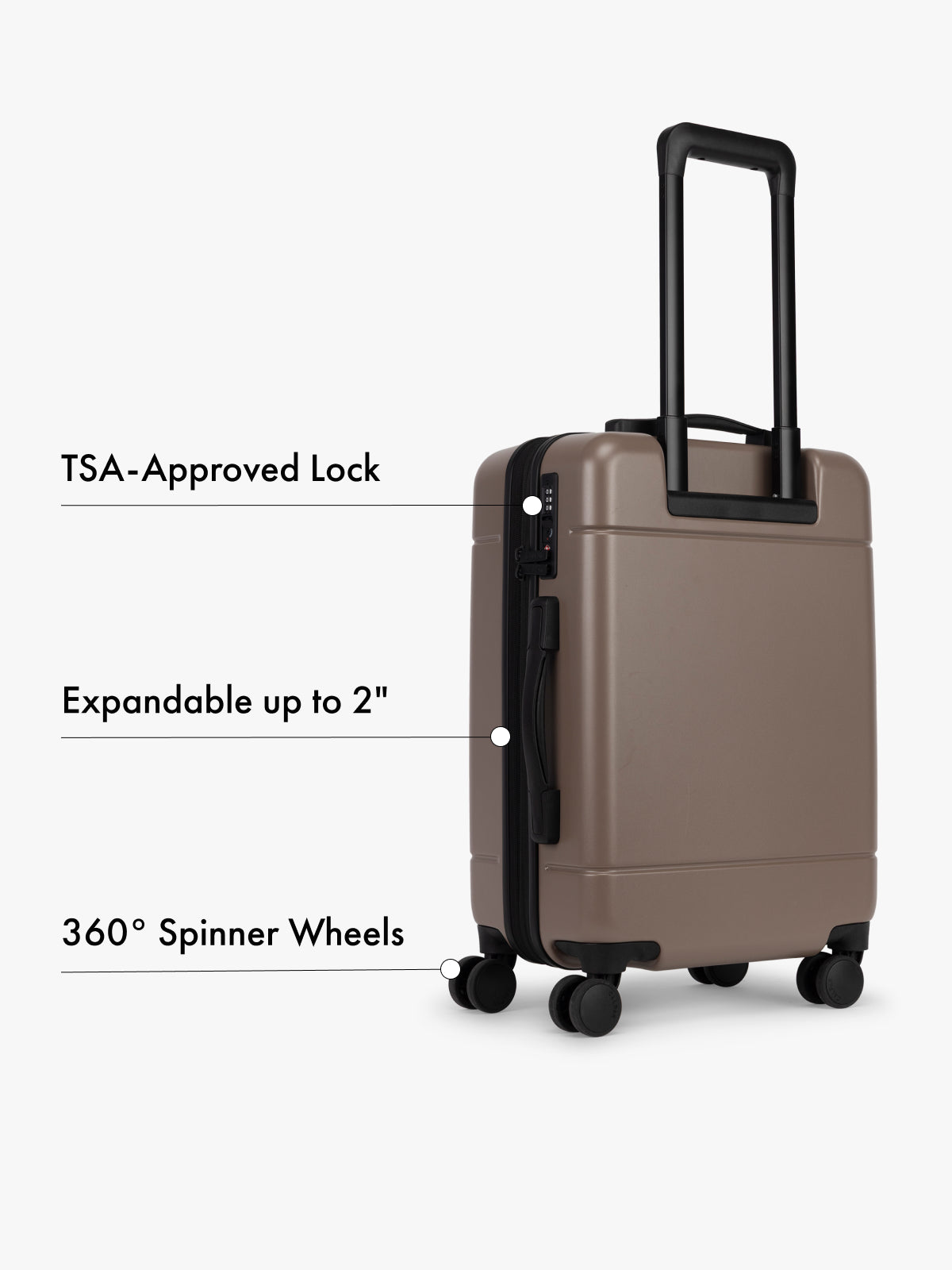 Brown suitcase with features highlighted on a white background; LHU1020-NP-CHOCOLATE