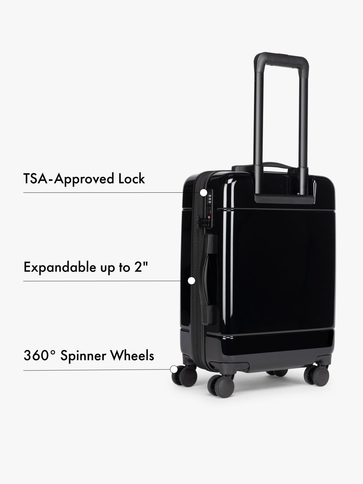CALPAK Hue Carry-On Black suitcase with features listed on a white background; LHU1020-NP-GLAZED-BLACK