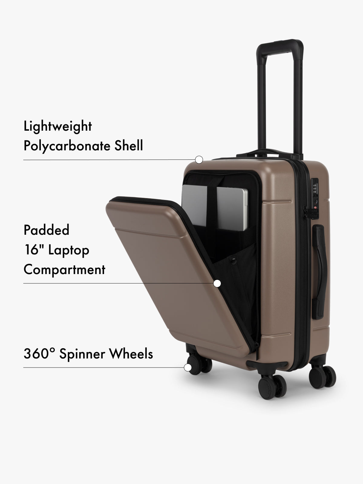 CALPAK Hue Front Pocket Carry On Luggage in Brown with open compartment showing laptop space, labeled features on a white background; LHU1020-CHOCOLATE