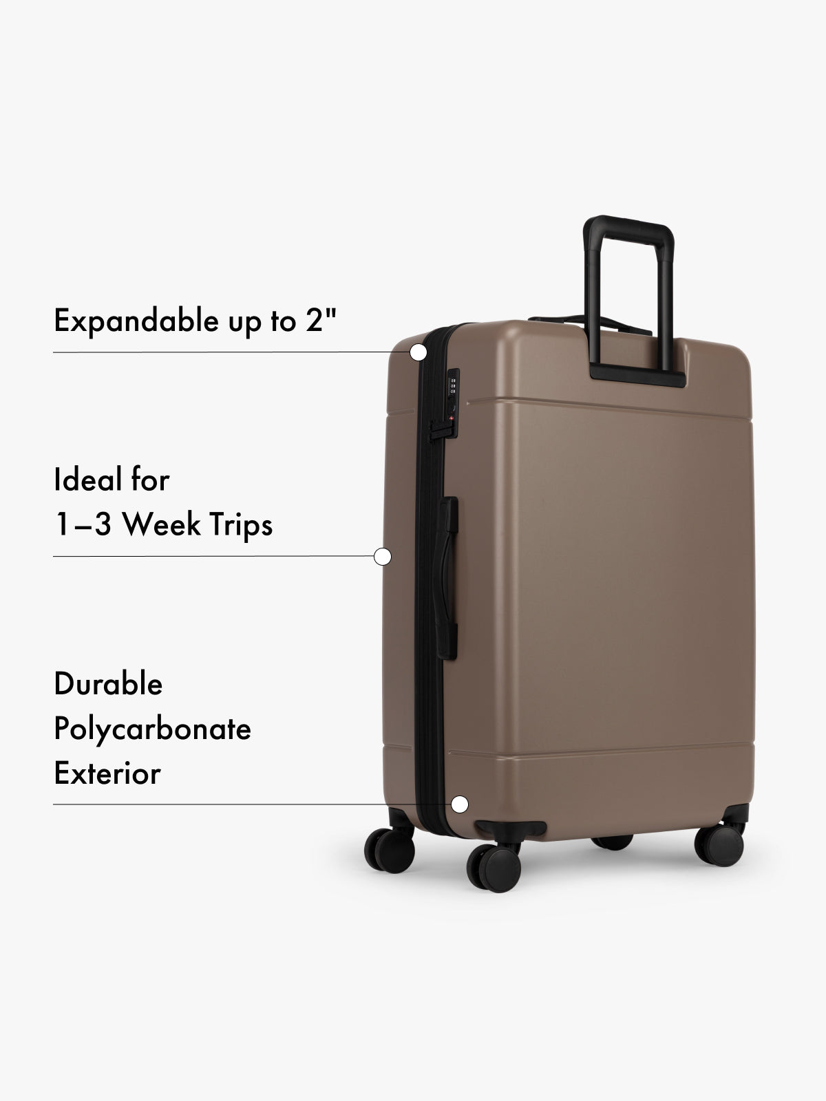 CALPAK large brown suitcase with text highlighting features on a white background; LHU8000-CHOCOLATE