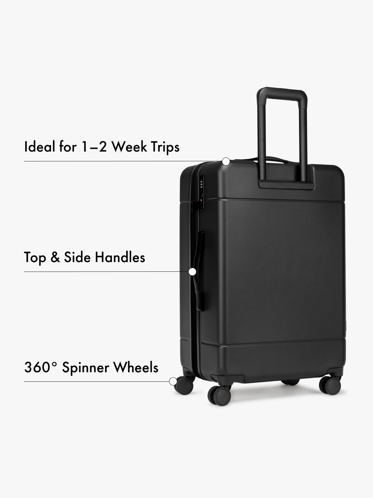 CALPAK medium black suitcase with features highlighted on a white background; LHU1024-BLACK