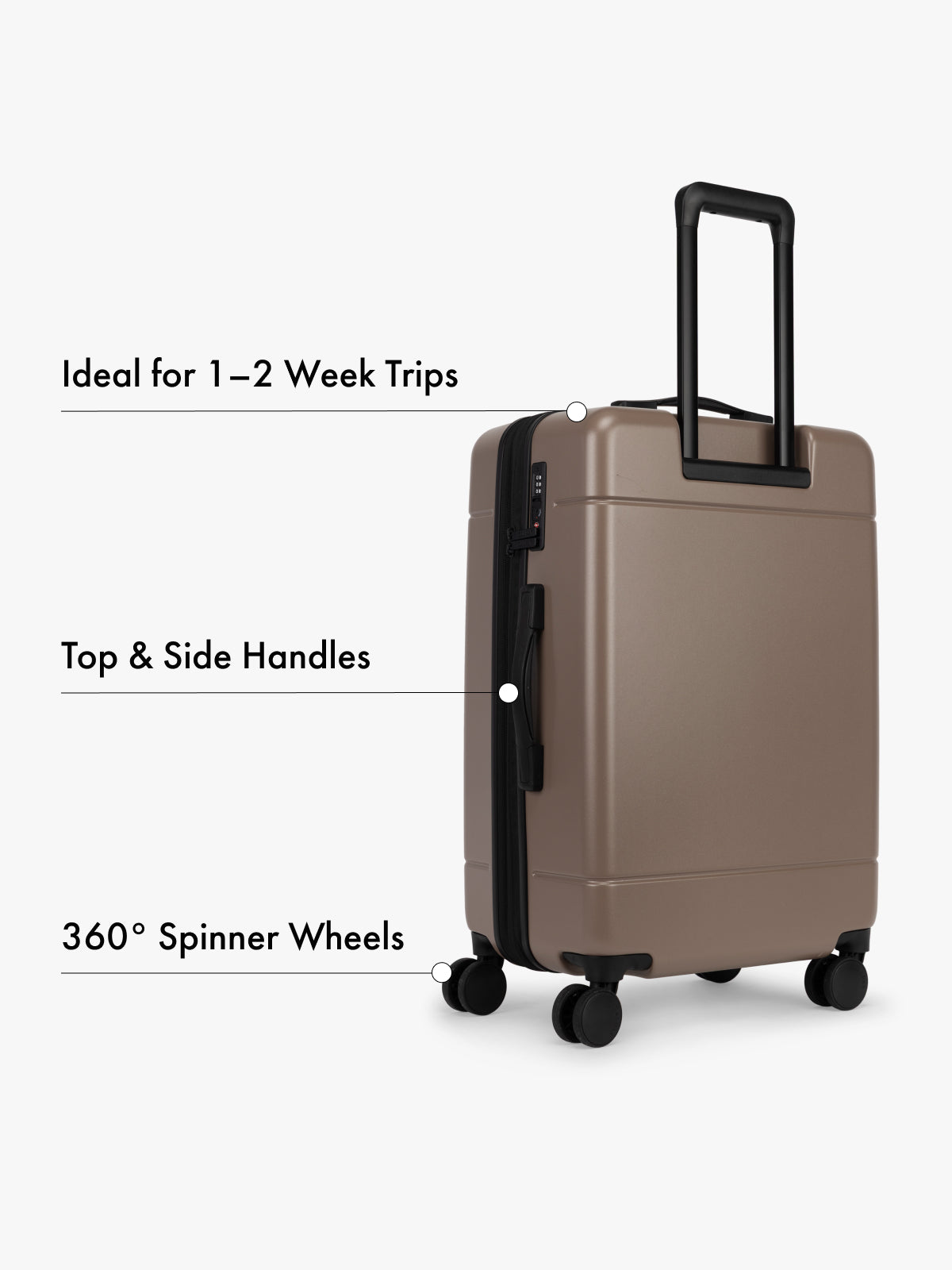 CALPAK Hue Medium Brown suitcase with features highlighted on a white background; LHU1024-CHOCOLATE