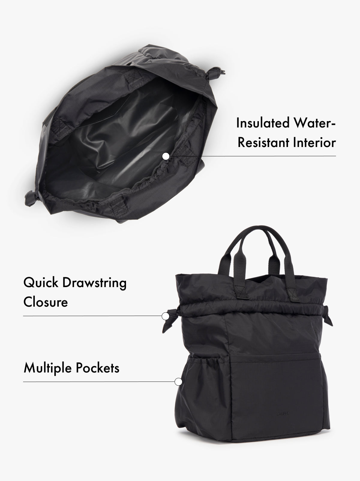 Water resistant interior CALPAK insulated lunch bag with drawstring closure and multiple pockets in black with features highlighted on white background; ALB2001-BLACK