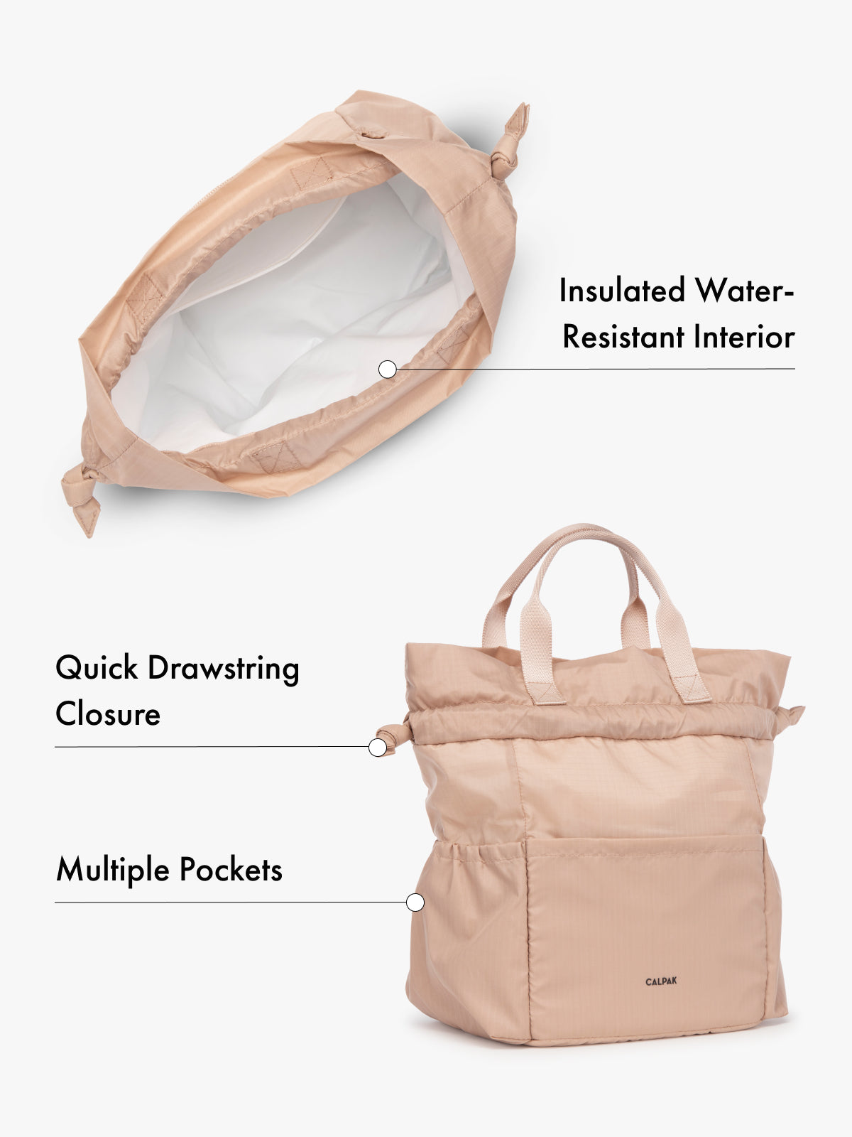 Water resistant interior CALPAK insulated lunch bag with drawstring closure and multiple pockets in pink with features highlighted on white background; ALB2001-MAUVE