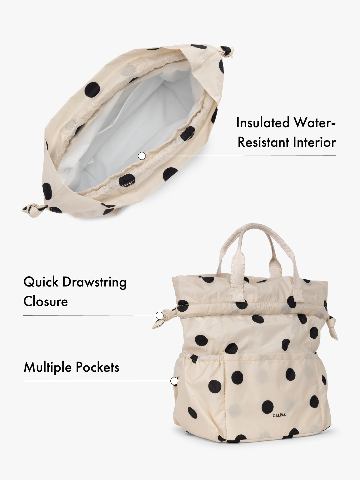 Water resistant interior CALPAK insulated lunch bag with drawstring closure and multiple pockets in beige with black polka dots with features highlighted on white background; ALB2001-POLKA-DOT