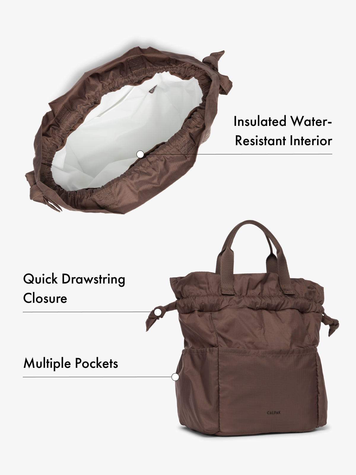 Water resistant interior CALPAK insulated lunch bag with drawstring closure and multiple pockets in brown with features highlighted on white background; ALB2001-WALNUT