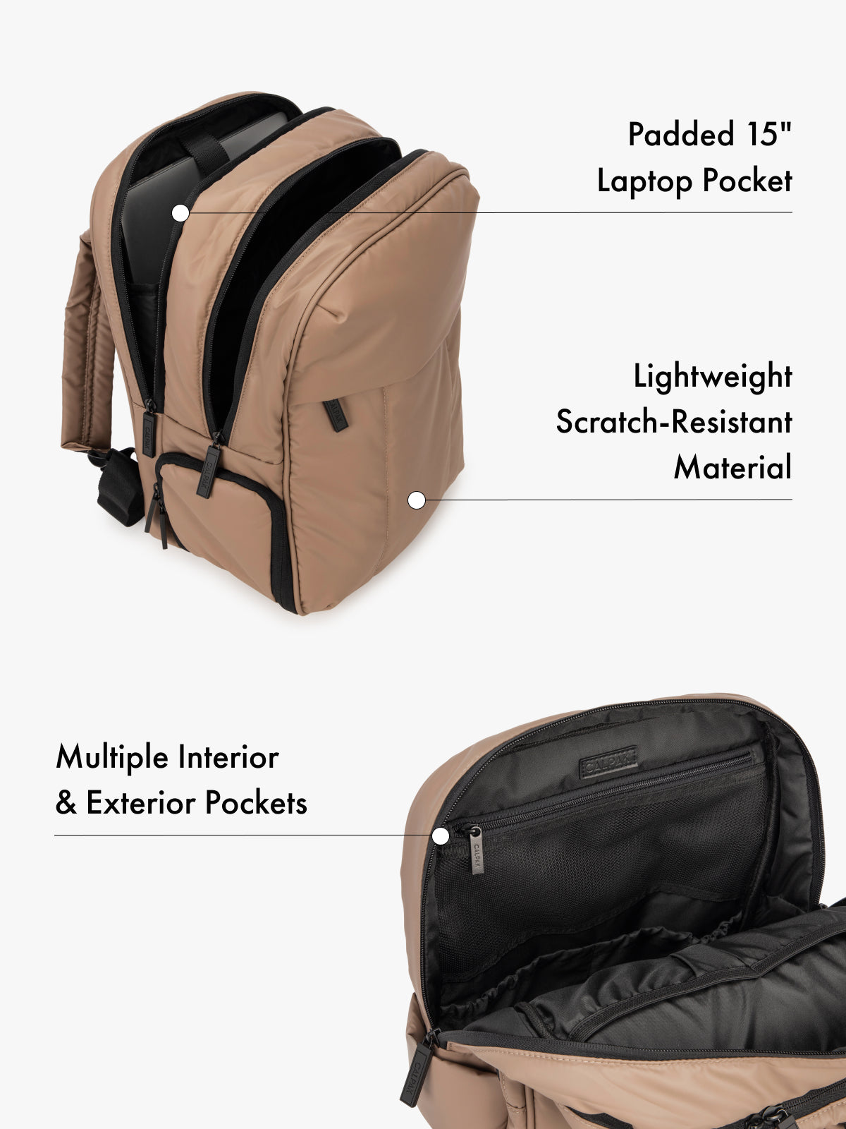 CALPAK Luka 15 Inch Laptop Backpack with lightweight scratch-resistant material, padded 15" laptop pocket, and  and multiple interior and exterior pockets in light brown; BPL2001-CHOCOLATE
