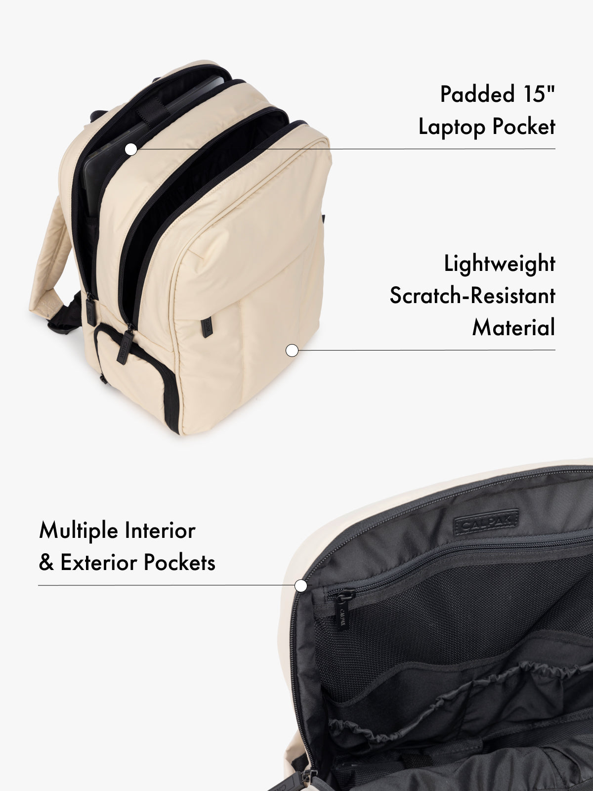 CALPAK Luka 15 Inch Laptop Backpack with lightweight scratch-resistant material, padded 15" laptop pocket, and  and multiple interior and exterior pockets in oatmeal beige; BPL2001-OATMEAL