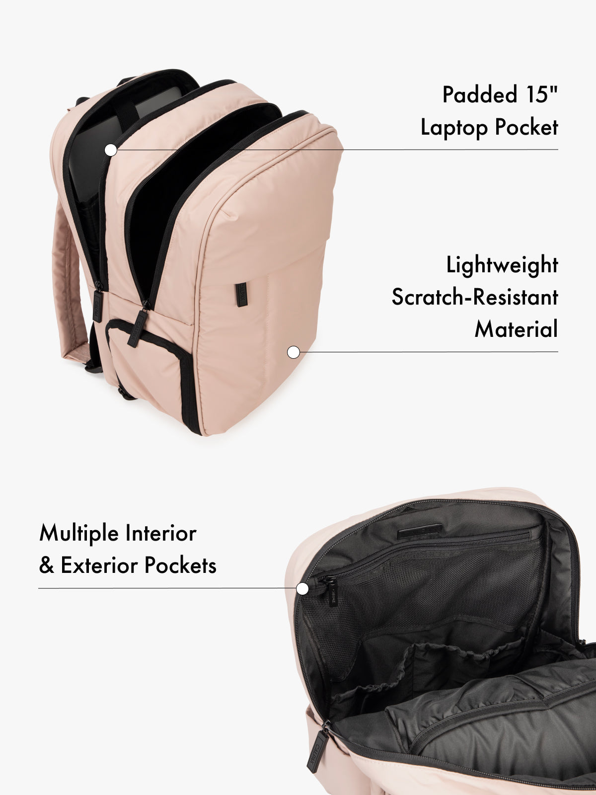 CALPAK Luka 15 Inch Laptop Backpack with lightweight scratch-resistant material, padded 15" laptop pocket, and  and multiple interior and exterior pockets in dark light pink; BPL2001-ROSE-QUARTZ