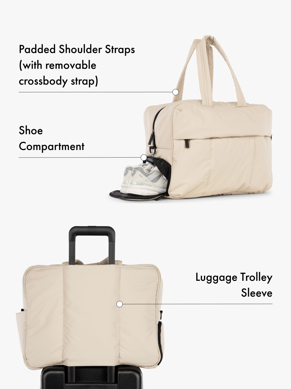 CALPAK Luka large duffel bag with side shoe compartment, padded shoulder straps with removeable crossbody strap and luggage trolly sleeve in beige; DLL2201-OATMEAL