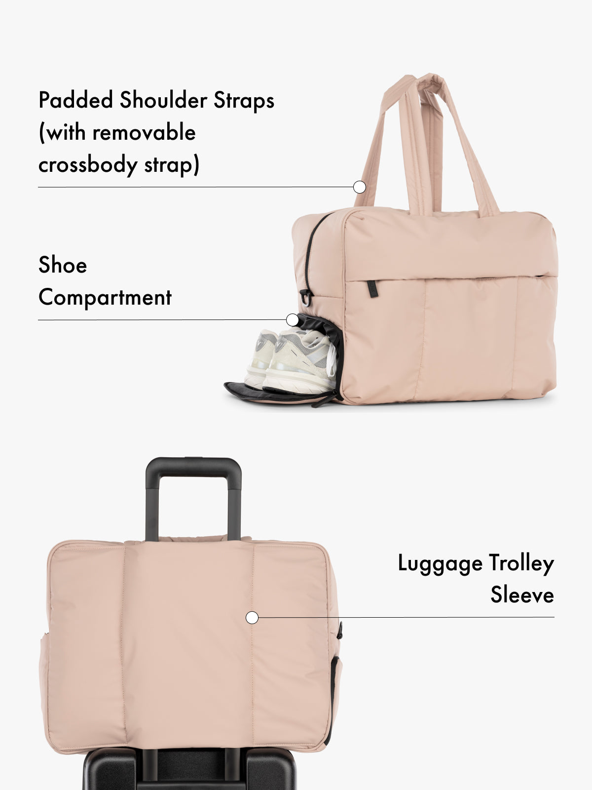CALPAK Luka large duffel bag with side shoe compartment, padded shoulder straps with removeable crossbody strap and luggage trolly sleeve in pink; DLL2201-ROSE-QUARTZ