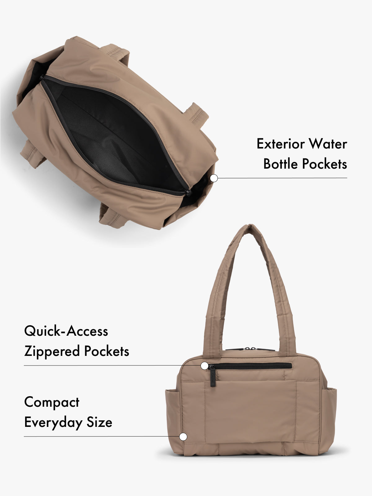 CALPAK Mini Duffel in brown chocolate top interior and back view with water bottle pockets and quick-access zipped pockets, compact everyday size; DLM2501-CHOCOLATE