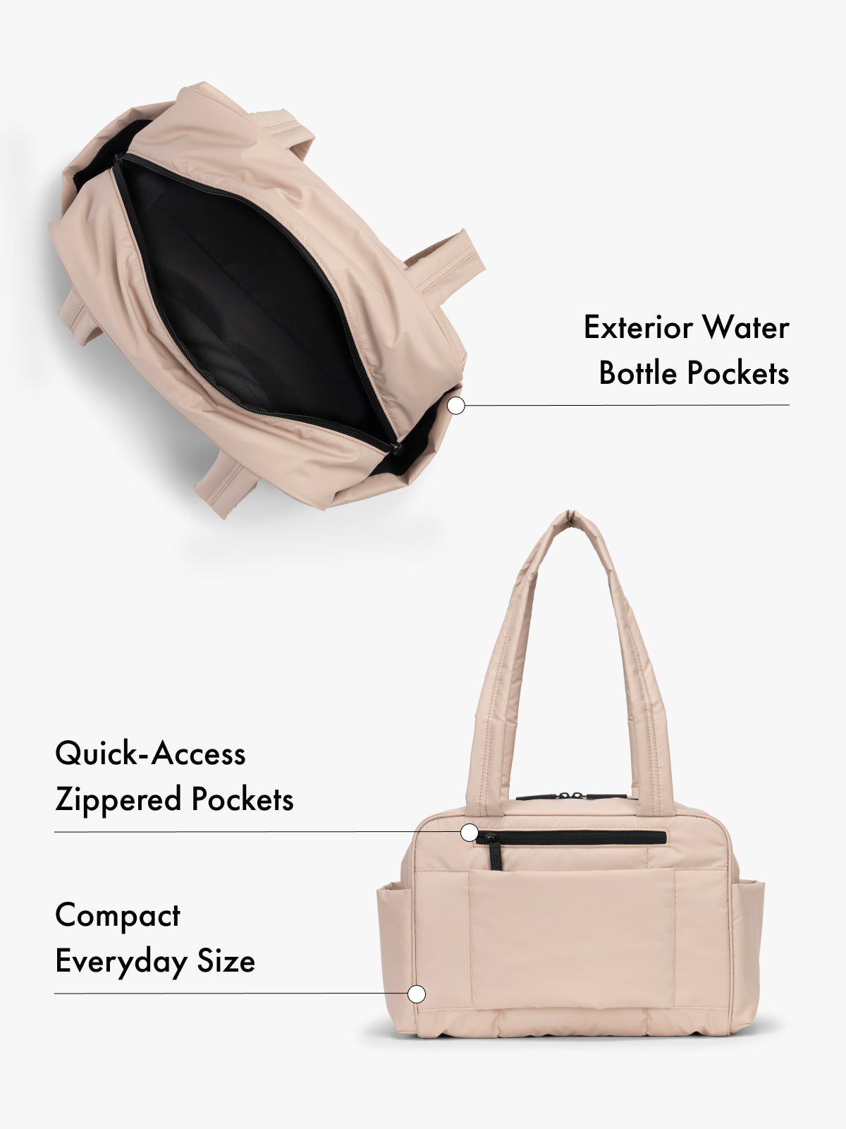 CALPAK Mini Duffel in light pink top interior and back view with water bottle pockets and quick-access zipped pockets, compact everyday size; DLM2501-ROSE-QUARTZ