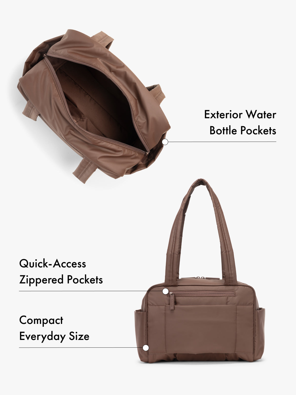 CALPAK Mini Duffel in brown top interior and back view with water bottle pockets and quick-access zipped pockets, compact everyday size; DLM2501-WALNUT