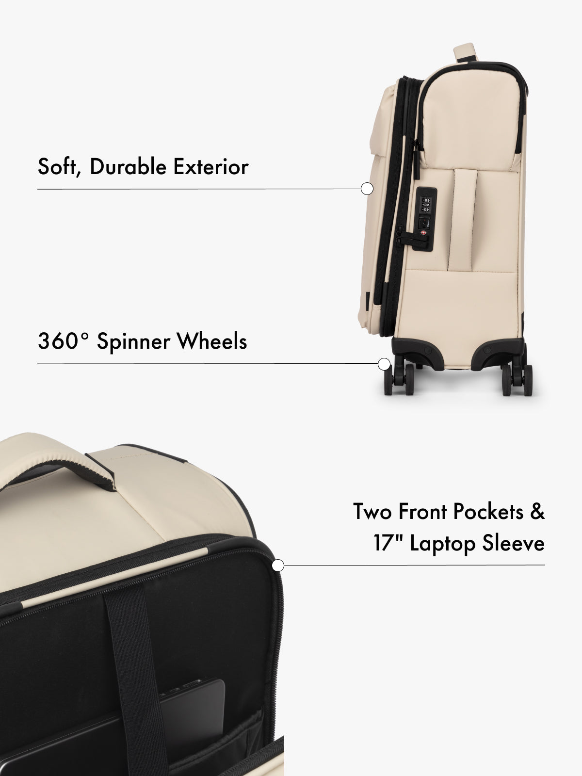 CALPAK Luka soft case carry on luggage with TSA approved lock and 360 spinner wheels with front laptop pocket in beige; LSM1020-OATMEAL