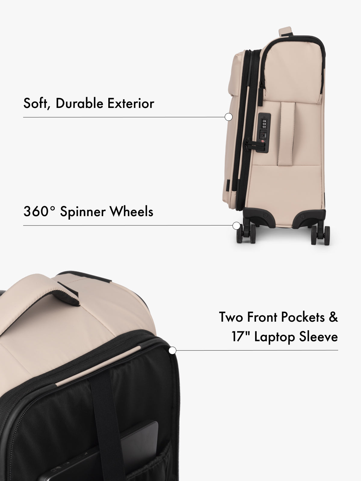 CALPAK Luka soft case carry on luggage with TSA approved lock and 360 spinner wheels with front laptop pocket in pink; LSM1020-ROSE-QUARTZ