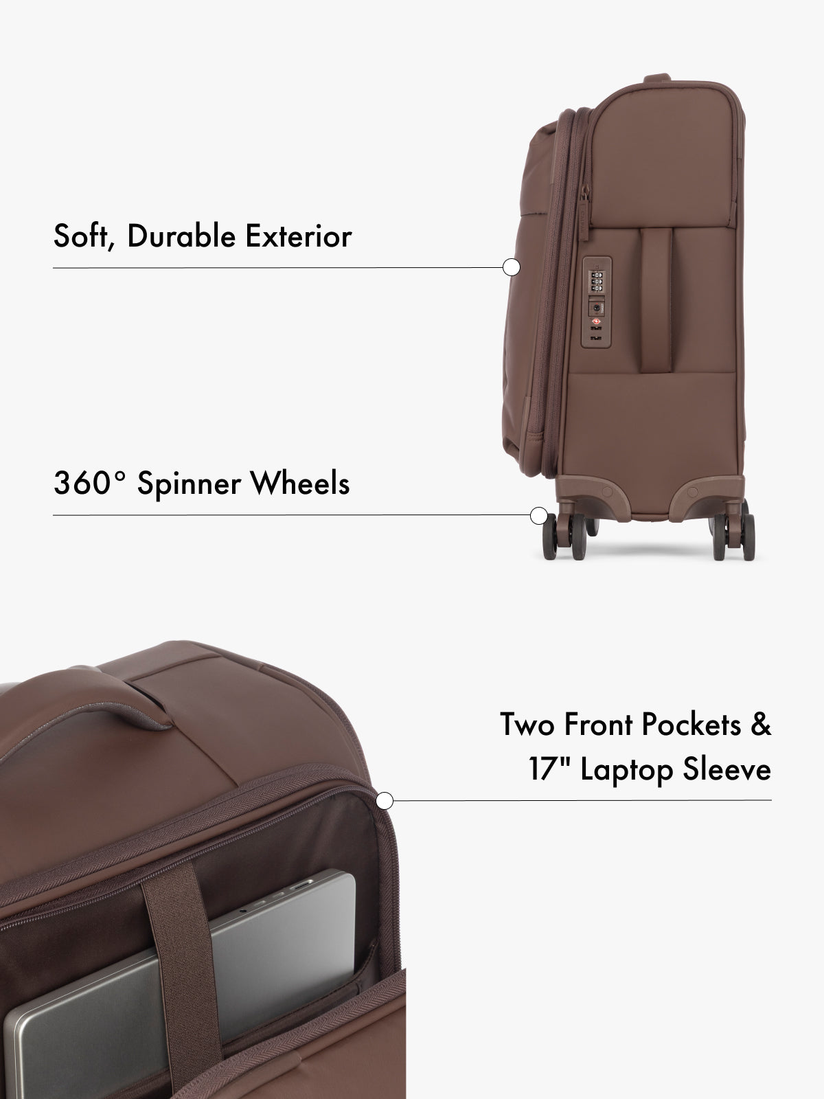 CALPAK Luka soft case carry on luggage with TSA approved lock and 360 spinner wheels with front laptop pocket in brown; LSM1020-WALNUT