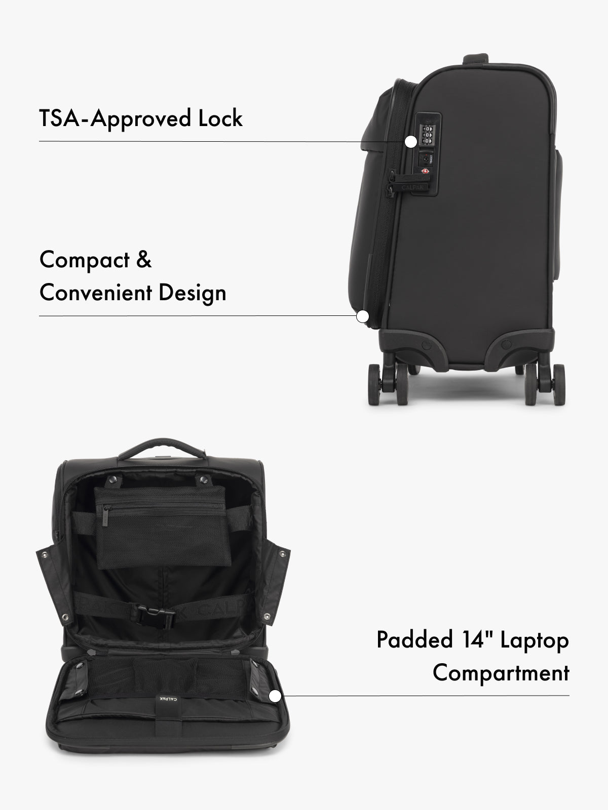 CALPAK Luka mini soft sided black carry-on suitcase with laptop compartment and multiple interior pockets with features highlighted; LSM1014-MATTE-BLACK