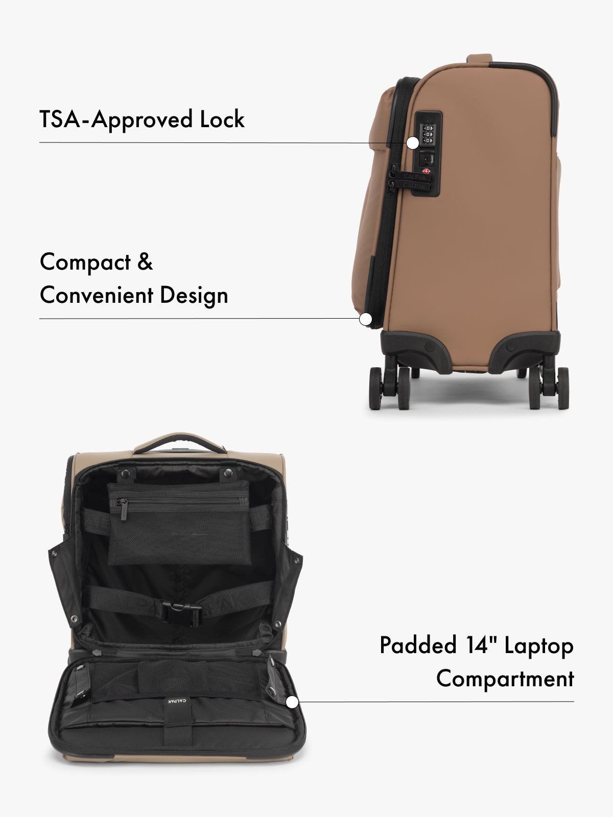 CALPAK Luka mini soft sided black carry-on suitcase with laptop compartment and multiple interior pockets with features highlighted; LSM1014-CHOCOLATE