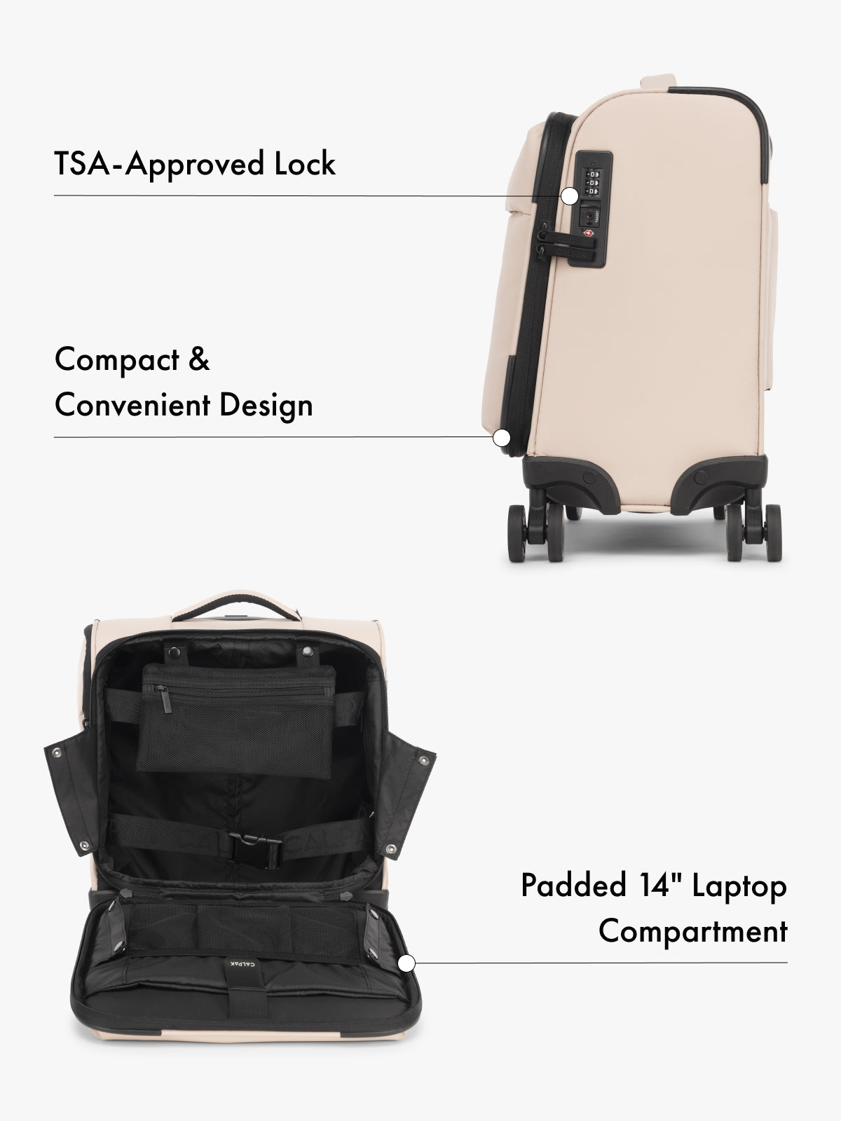 CALPAK Luka mini soft sided black carry-on suitcase with laptop compartment and multiple interior pockets with features highlighted; LSM1014-ROSE-QUARTZ