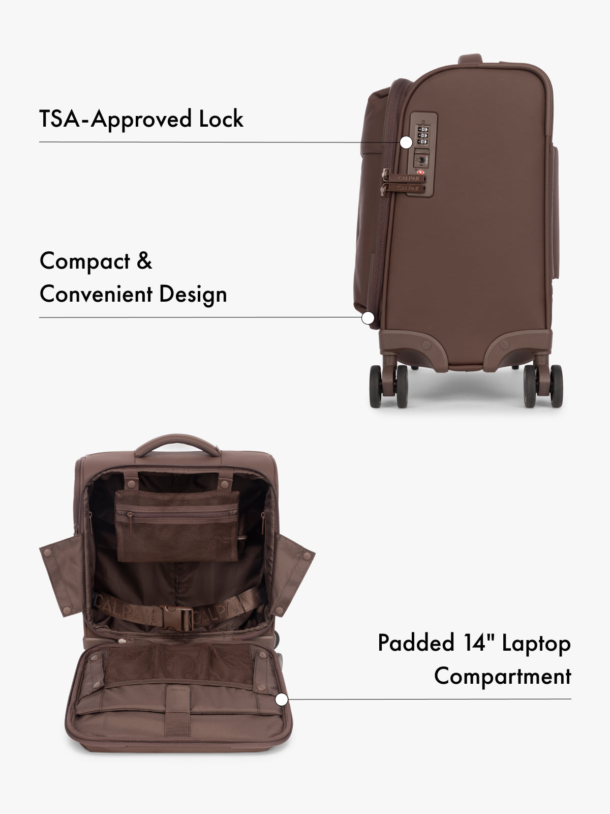 CALPAK Luka mini soft sided black carry-on suitcase with laptop compartment and multiple interior pockets with features highlighted; LSM1014-WALNUT