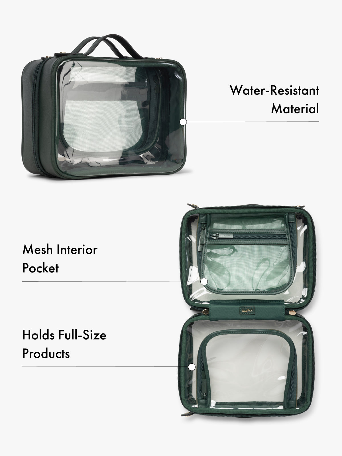 CALPAK green cosmetics travel bag with mesh interior pocket and water-resistant material on a white background; CMM2201-EMERALD