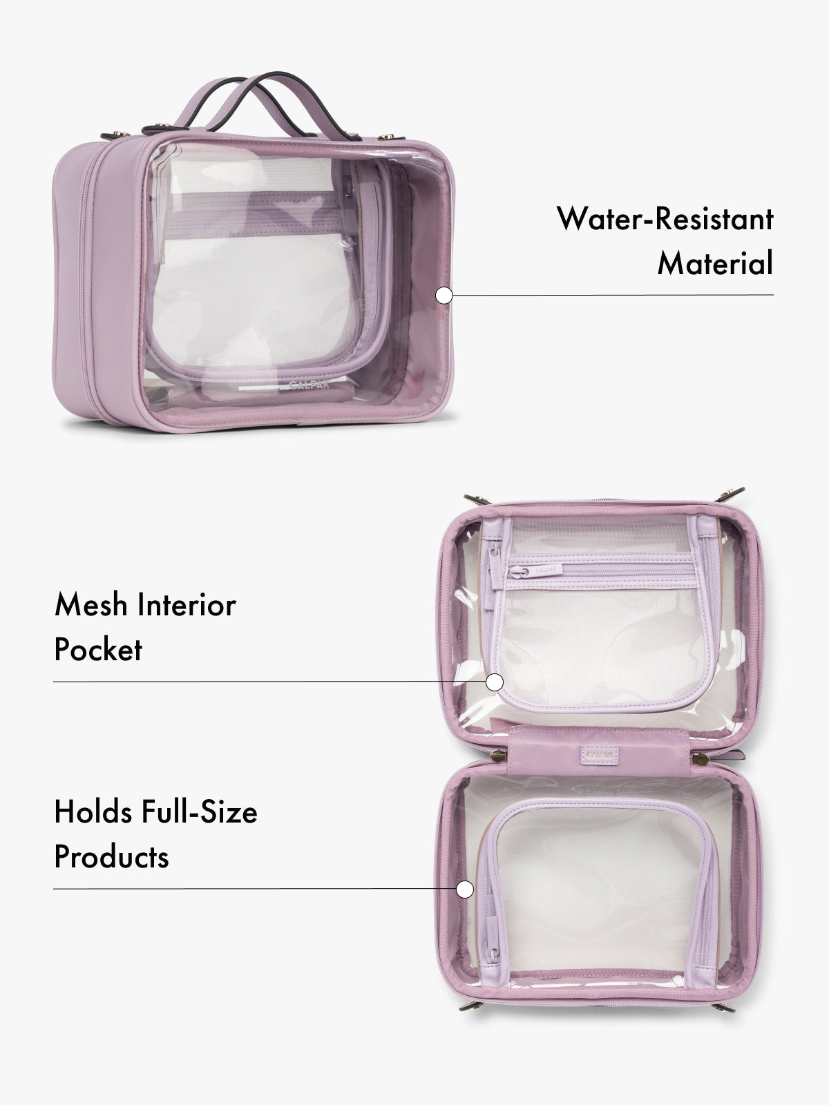 CALPAK Purple makeup travel bag with mesh interior pocket and water-resistant material on a white background; CMM2201-LAVENDER