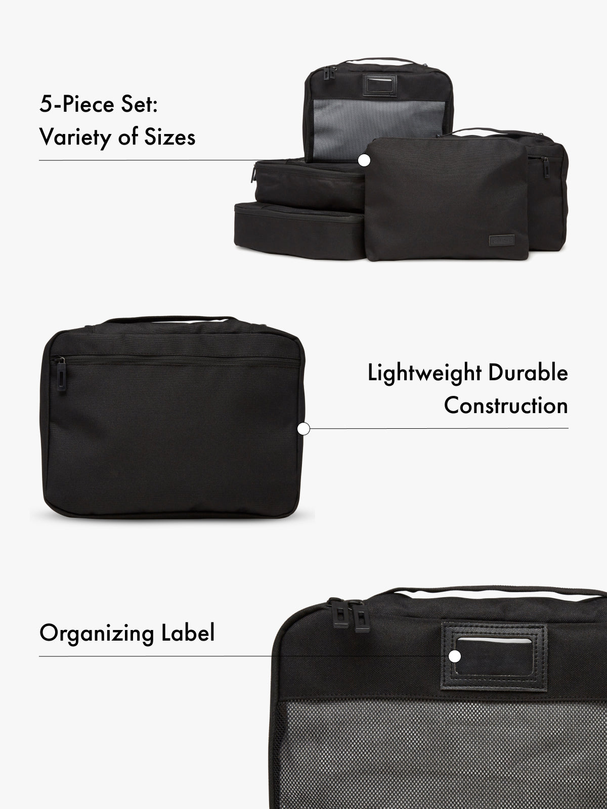 5 Set of black packing cube organizers with text highlighting features of variety of sizes, lightweight durable construction, and organizing label on a white background; PC1601-BLACK