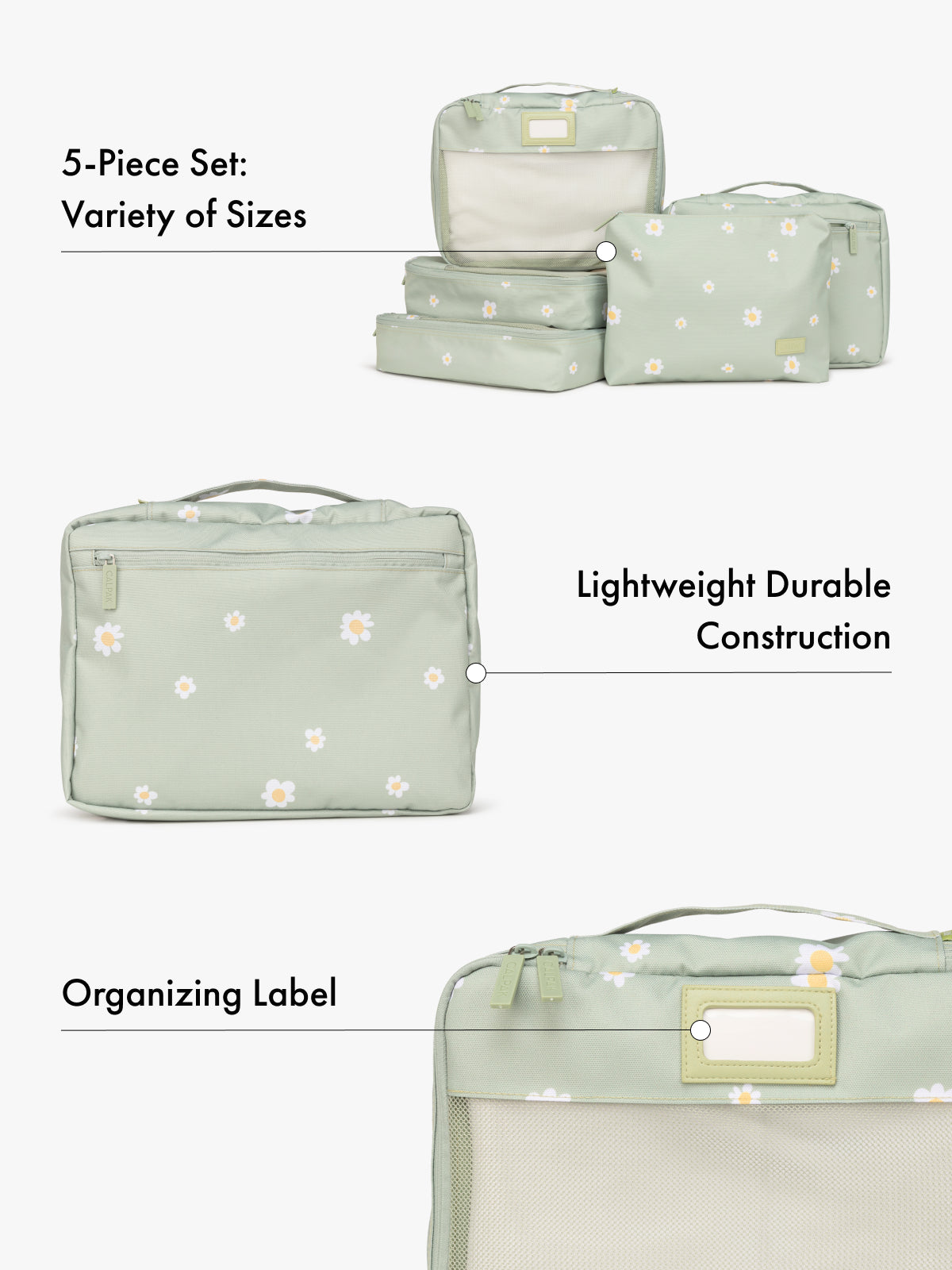 5 Set of green with flowers packing cube organizers with text highlighting features of variety of sizes, lightweight durable construction, and organizing label on a white background; PC1601-DAISY