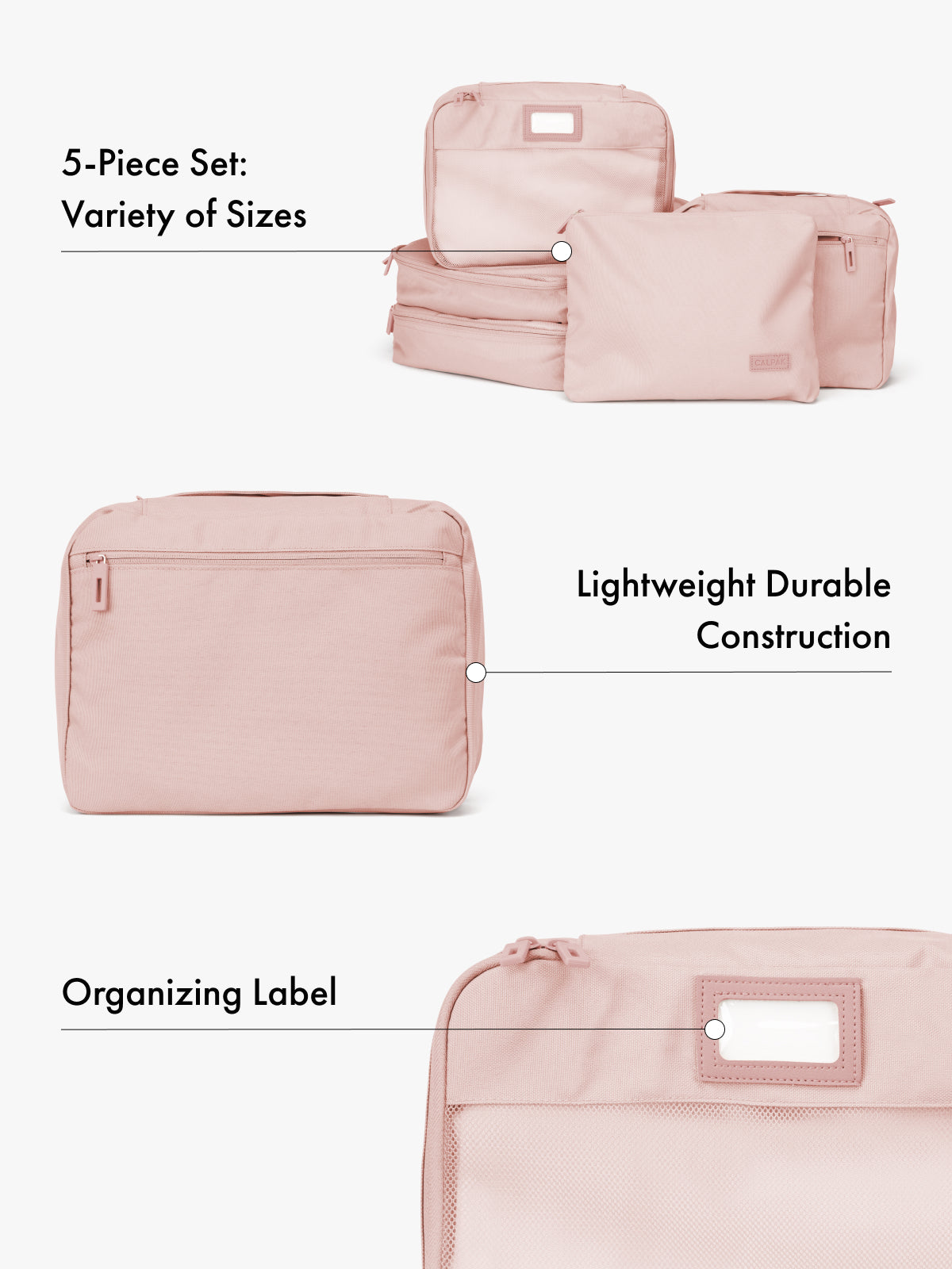 5 Set of pink packing cube organizers with text highlighting features of variety of sizes, lightweight durable construction, and organizing label on a white background; PC1601-PINK-SAND