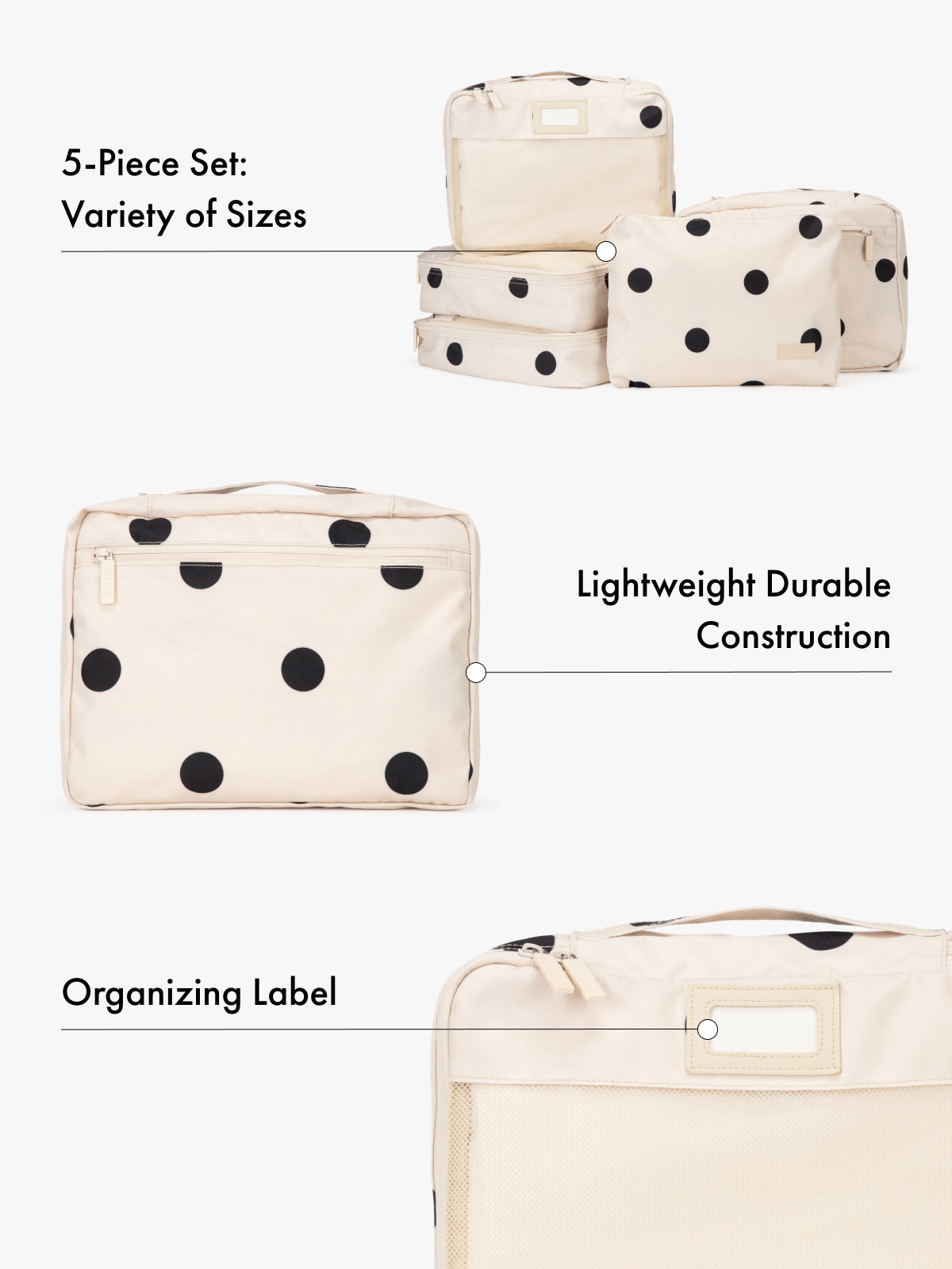 5 Set of beige polka dot packing cube organizers with text highlighting features of variety of sizes, lightweight durable construction, and organizing label on a white background; PC1601-POLKA-DOT