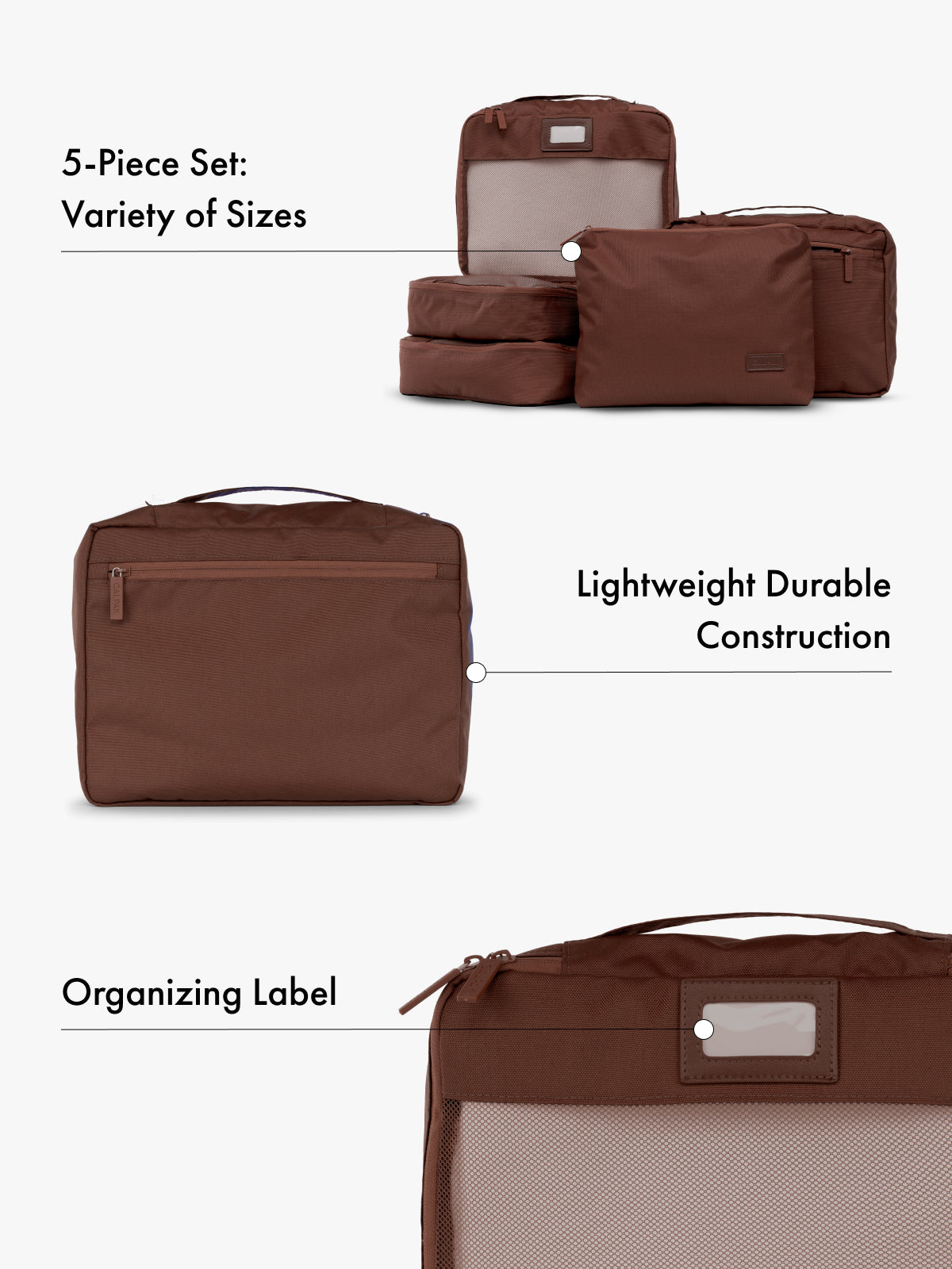 5 Set of brown packing cube organizers with text highlighting features of variety of sizes, lightweight durable construction, and organizing label on a white background; PC1601-WALNUT
