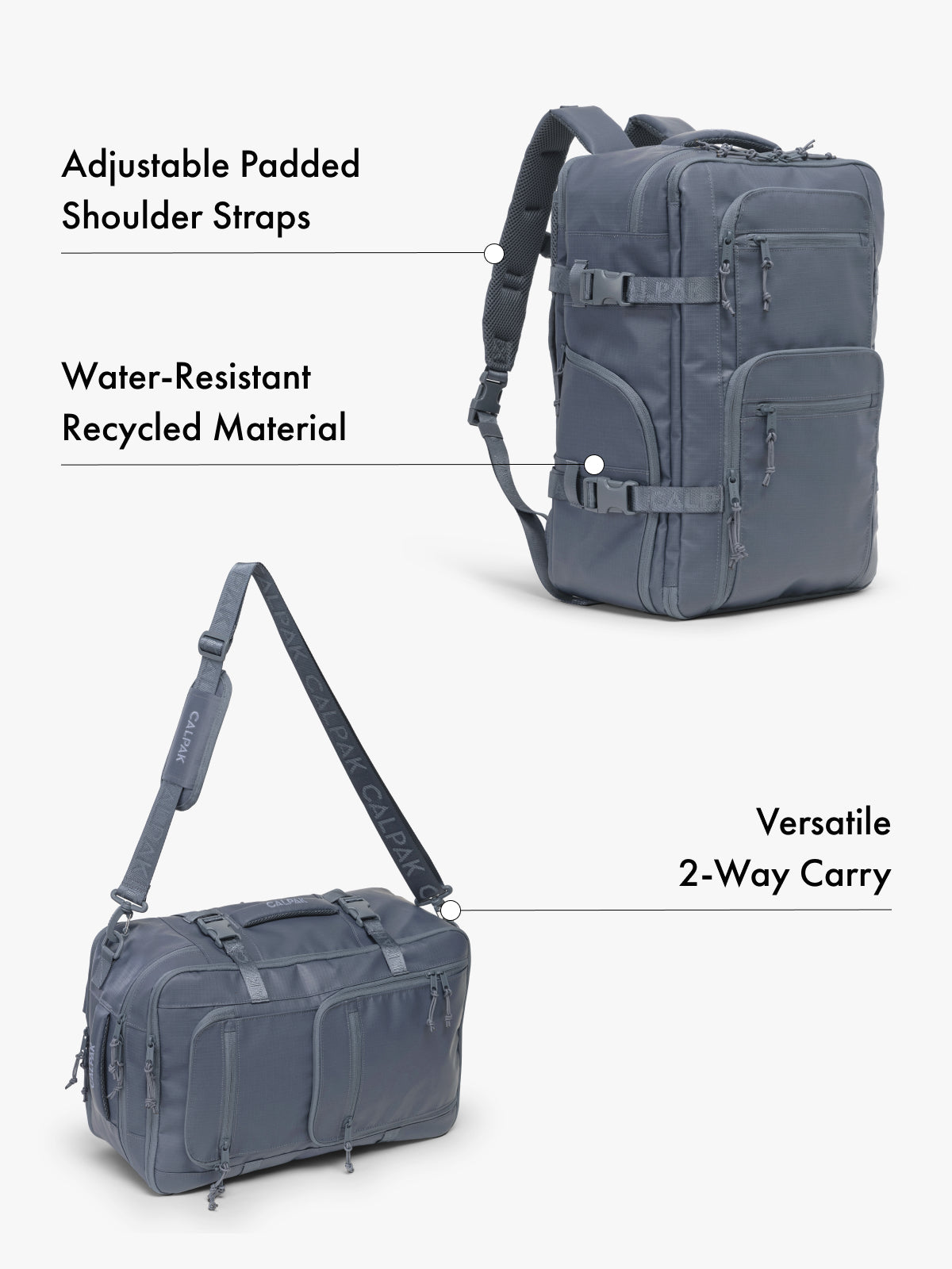 CALPAK Terra 26L laptop backpack duffel in blue made with water-resistant recycled material, adjustable shoulder straps  and versatile 2-way carrying feature on a white background; BPH2201-INDIGO