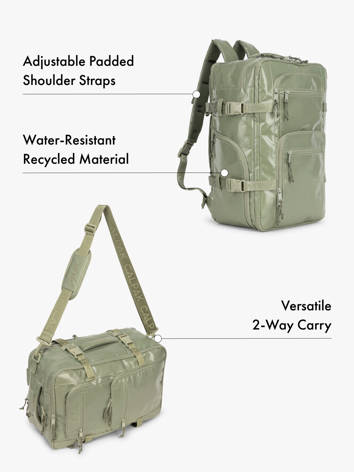 CALPAK Terra 26L laptop backpack duffel in green made with water-resistant recycled material, adjustable shoulder straps  and versatile 2-way carrying feature on a white background; BPH2201-JUNIPER