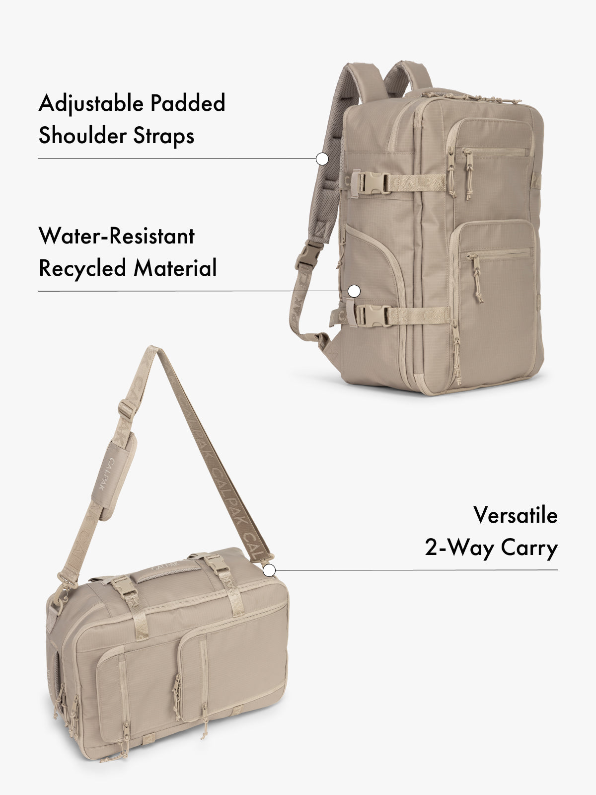 CALPAK Terra 26L laptop backpack duffel in beige made with water-resistant recycled material, adjustable shoulder straps  and versatile 2-way carrying feature on a white background; BPH2201-STONE