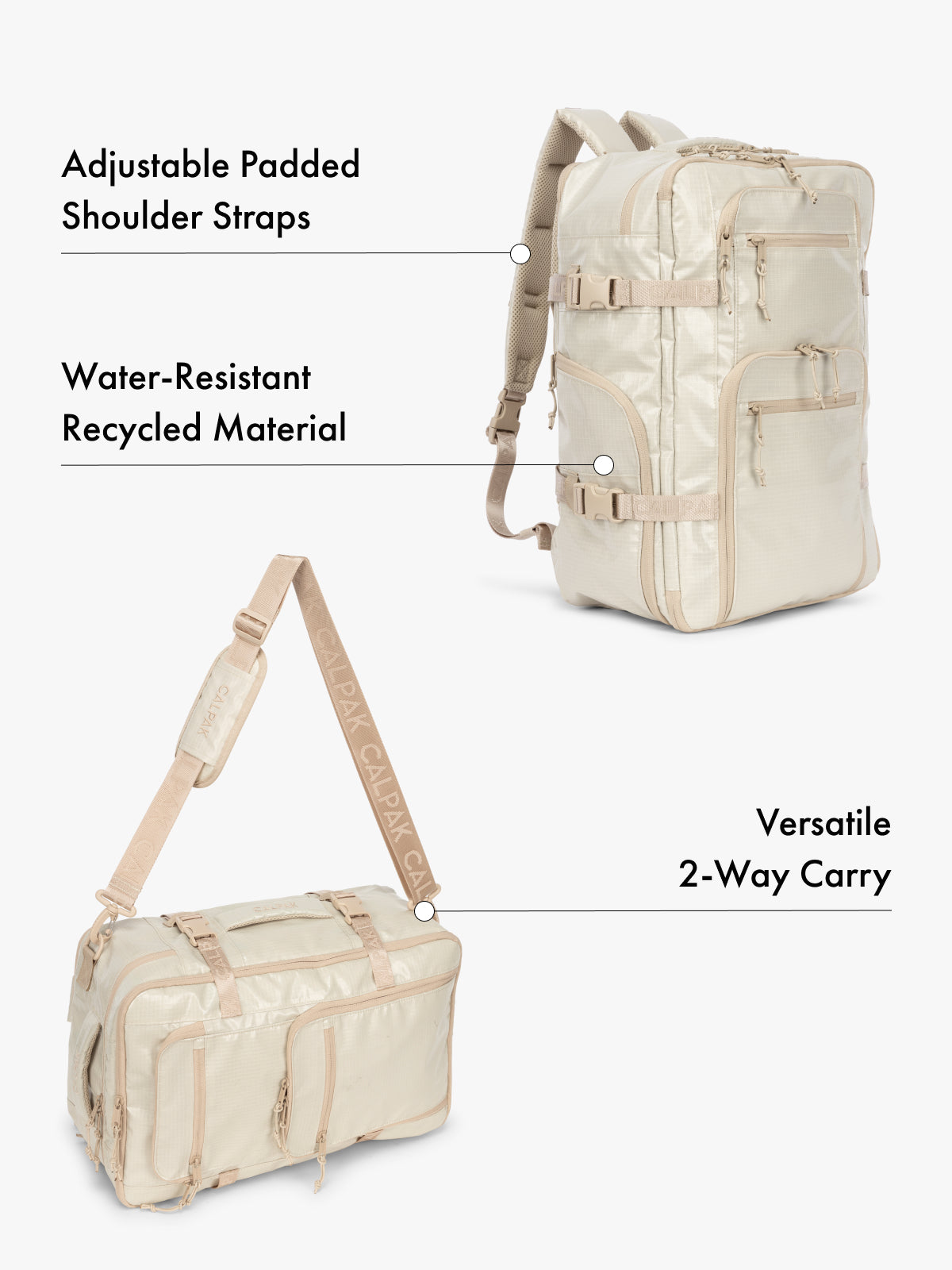 CALPAK Terra 26L laptop backpack duffel in ivory made with water-resistant recycled material, adjustable shoulder straps  and versatile 2-way carrying feature on a white background; BPH2201-WHITE-SANDS