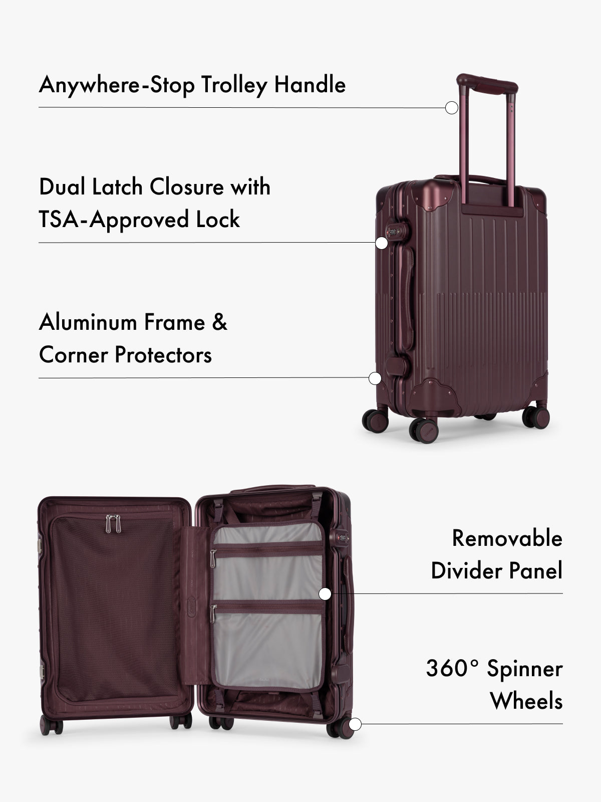 CALPAK dark red hardshell suitcase shown with callout lines and text labels highlighting features such as an anywhere-stop trolley handle, dual latch closure with TSA-approved lock, aluminum frame and corner protectors, removable divider panel, and 360-degree spinner wheels.; LVT1020-DARK-CHERRY