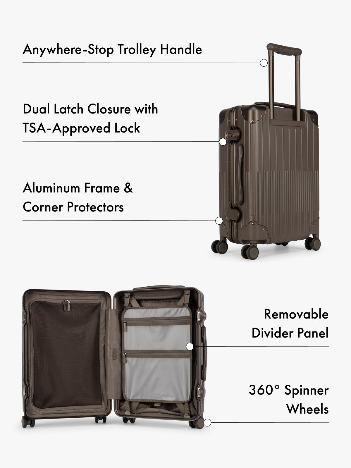 CALPAK dark brown hardshell suitcase shown with callout lines and text labels highlighting features such as an anywhere-stop trolley handle, dual latch closure with TSA-approved lock, aluminum frame and corner protectors, removable divider panel, and 360-degree spinner wheels.; LVT1020-MUSHROOM