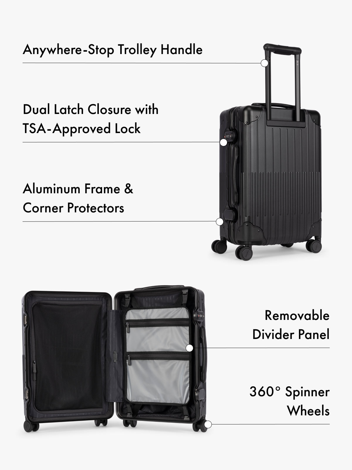 CALPAK black hardshell suitcase shown with callout lines and text labels highlighting features such as an anywhere-stop trolley handle, dual latch closure with TSA-approved lock, aluminum frame and corner protectors, removable divider panel, and 360-degree spinner wheels.; LVT1020-ONYX