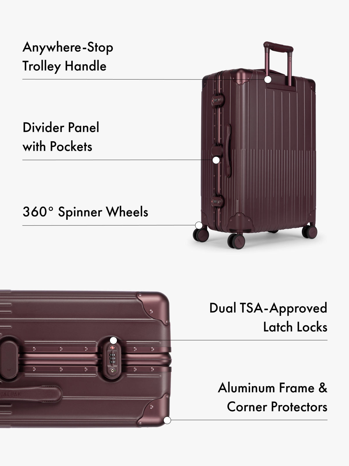 CALPAKL Vault dark red ribbed aluminum suitcase shown on a light gray background with callout text highlighting features such as an anywhere-stop trolley handle, divider panel with pockets, 360° spinner wheels, dual TSA-approved latch locks, and aluminum frame and corner protectors; LVT1028-DARK-CHERRY