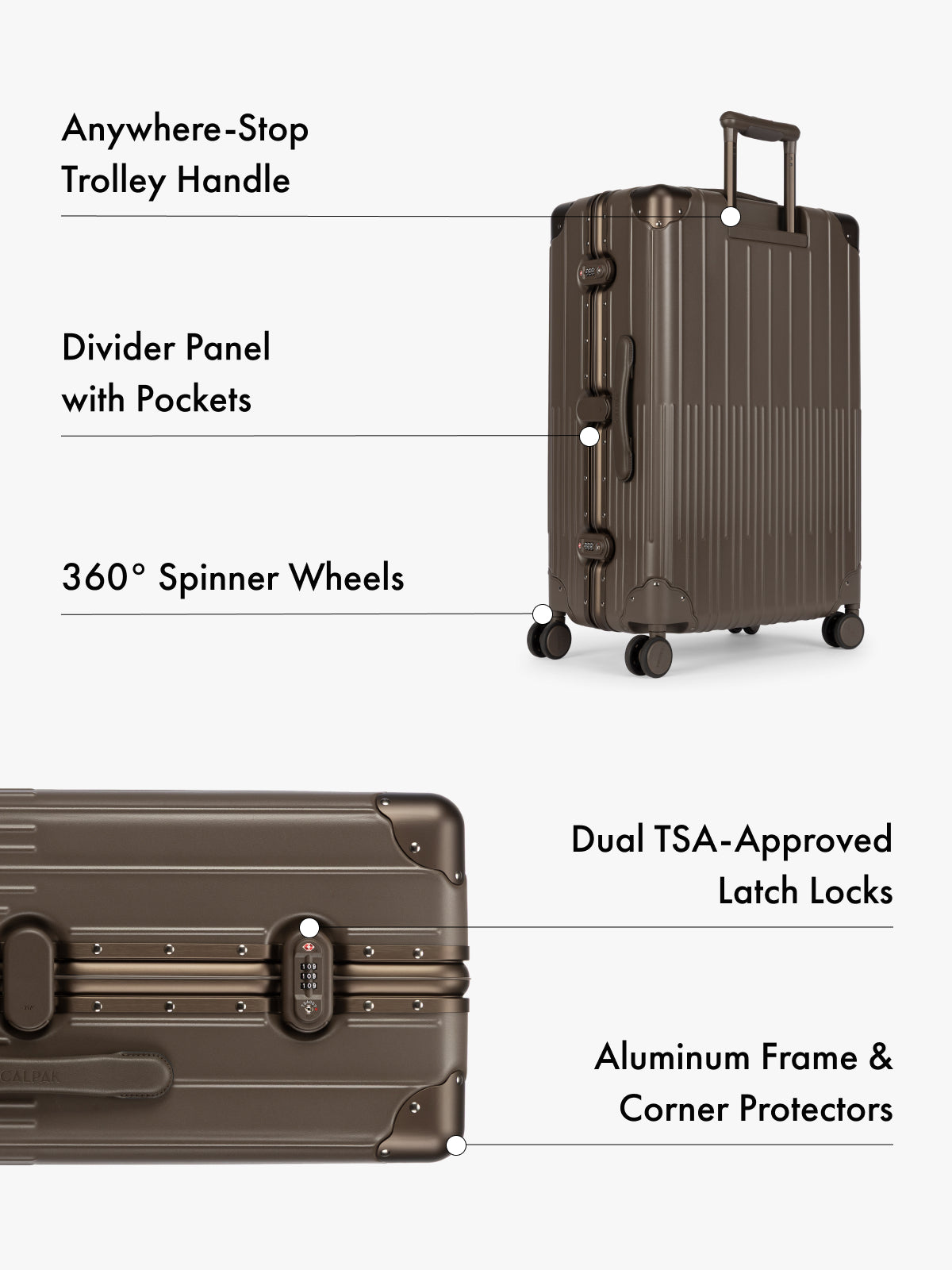 CALPAKL Vault dark brown ribbed aluminum suitcase shown on a light gray background with callout text highlighting features such as an anywhere-stop trolley handle, divider panel with pockets, 360° spinner wheels, dual TSA-approved latch locks, and aluminum frame and corner protectors; LVT1028-MUSHROOM