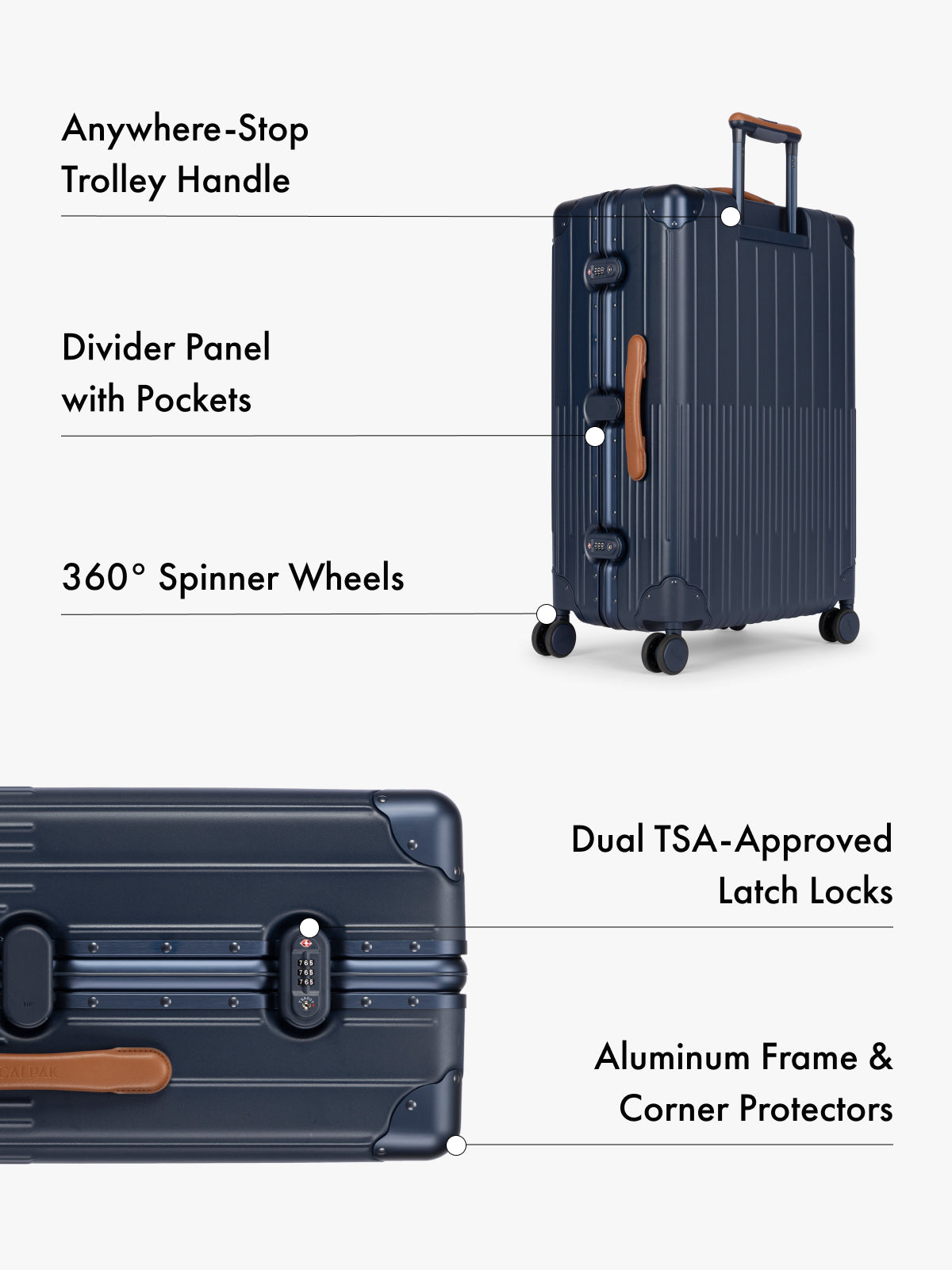 CALPAKL Vault navy blue ribbed aluminum suitcase shown on a light gray background with callout text highlighting features such as an anywhere-stop trolley handle, divider panel with pockets, 360° spinner wheels, dual TSA-approved latch locks, and aluminum frame and corner protectors; LVT1028-NAVY